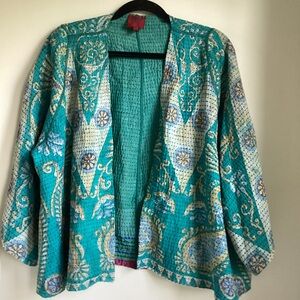 Mieko Mintz Vintage Cotton Kantha Short Jacket Size 1 One Size Blue Patchwork